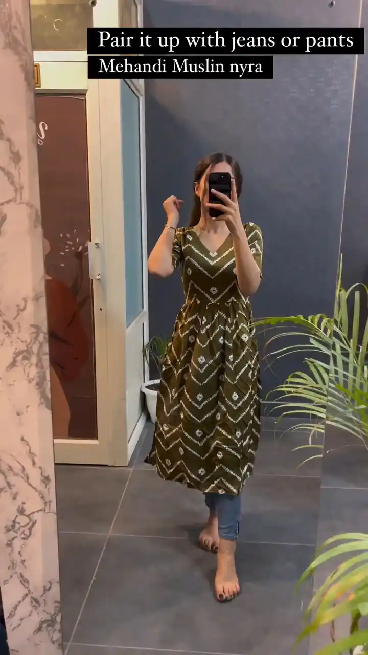 New Womens Mahendi Colour Printed Cotton Nyra Cut Kurti.png